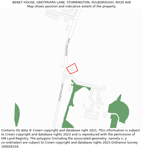 BENET HOUSE, GREYFRIARS LANE, STORRINGTON, PULBOROUGH, RH20 4HE: Location map and indicative extent of plot