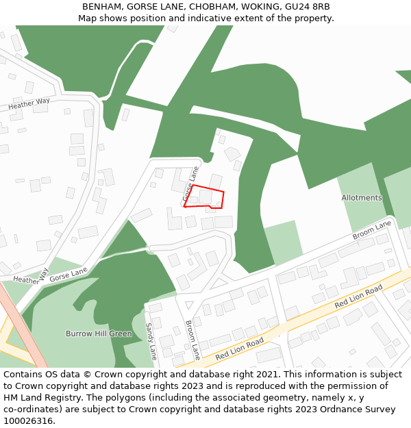 BENHAM, GORSE LANE, CHOBHAM, WOKING, GU24 8RB: Location map and indicative extent of plot