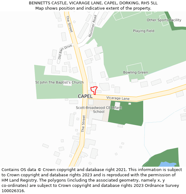 BENNETTS CASTLE, VICARAGE LANE, CAPEL, DORKING, RH5 5LL: Location map and indicative extent of plot