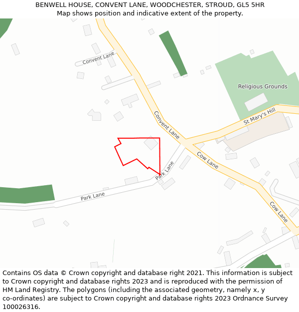 BENWELL HOUSE, CONVENT LANE, WOODCHESTER, STROUD, GL5 5HR: Location map and indicative extent of plot