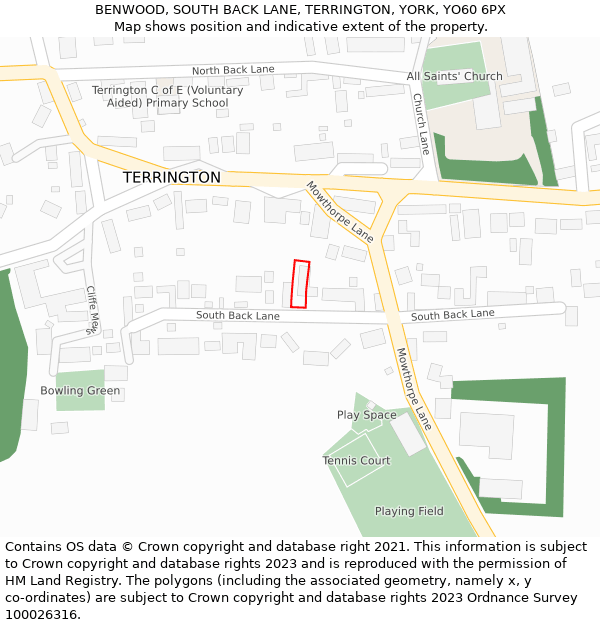 BENWOOD, SOUTH BACK LANE, TERRINGTON, YORK, YO60 6PX: Location map and indicative extent of plot