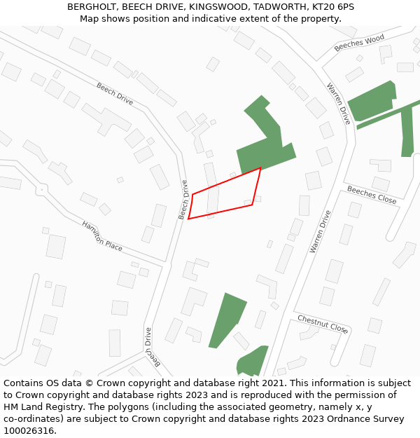 BERGHOLT, BEECH DRIVE, KINGSWOOD, TADWORTH, KT20 6PS: Location map and indicative extent of plot