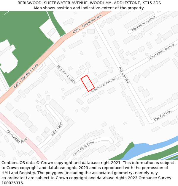 BERISWOOD, SHEERWATER AVENUE, WOODHAM, ADDLESTONE, KT15 3DS: Location map and indicative extent of plot