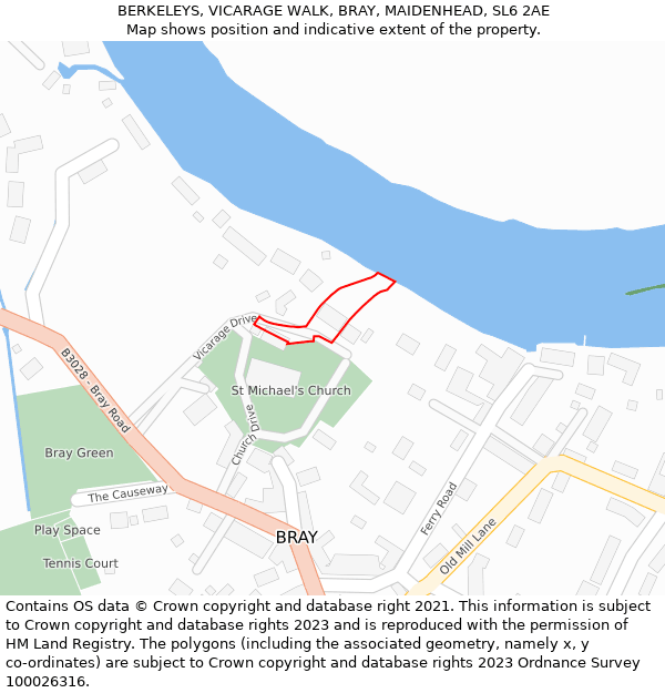 BERKELEYS, VICARAGE WALK, BRAY, MAIDENHEAD, SL6 2AE: Location map and indicative extent of plot