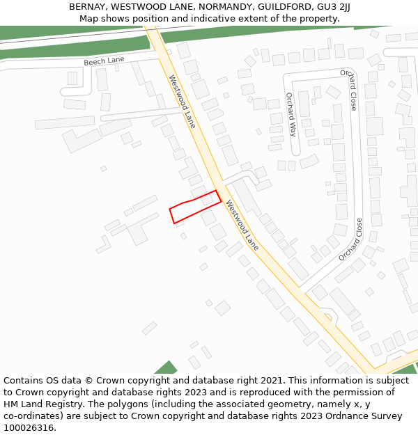 BERNAY, WESTWOOD LANE, NORMANDY, GUILDFORD, GU3 2JJ: Location map and indicative extent of plot