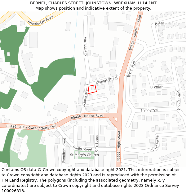 BERNEL, CHARLES STREET, JOHNSTOWN, WREXHAM, LL14 1NT: Location map and indicative extent of plot
