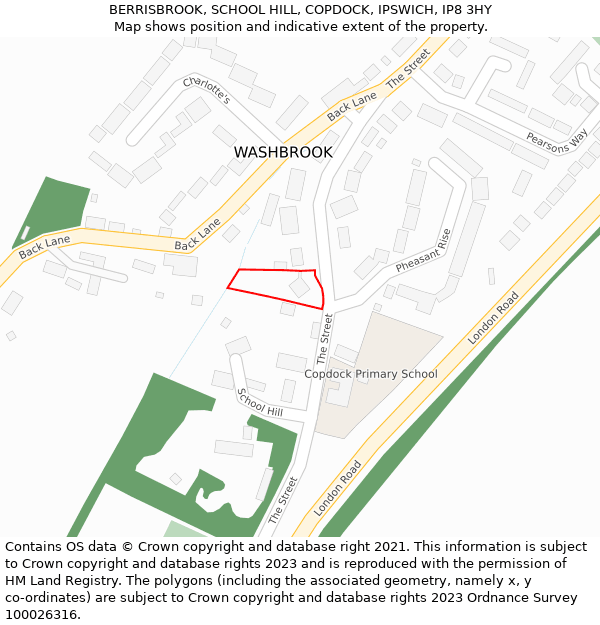 BERRISBROOK, SCHOOL HILL, COPDOCK, IPSWICH, IP8 3HY: Location map and indicative extent of plot