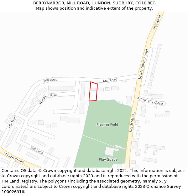 BERRYNARBOR, MILL ROAD, HUNDON, SUDBURY, CO10 8EG: Location map and indicative extent of plot