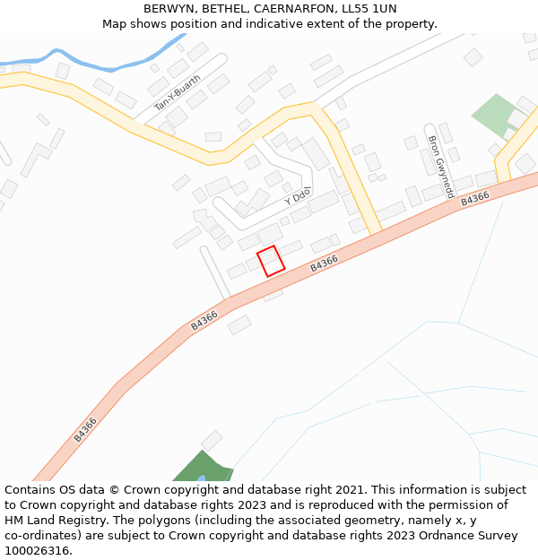 BERWYN, BETHEL, CAERNARFON, LL55 1UN: Location map and indicative extent of plot