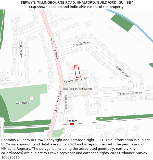 BERWYN, TILLINGBOURNE ROAD, SHALFORD, GUILDFORD, GU4 8EY: Location map and indicative extent of plot