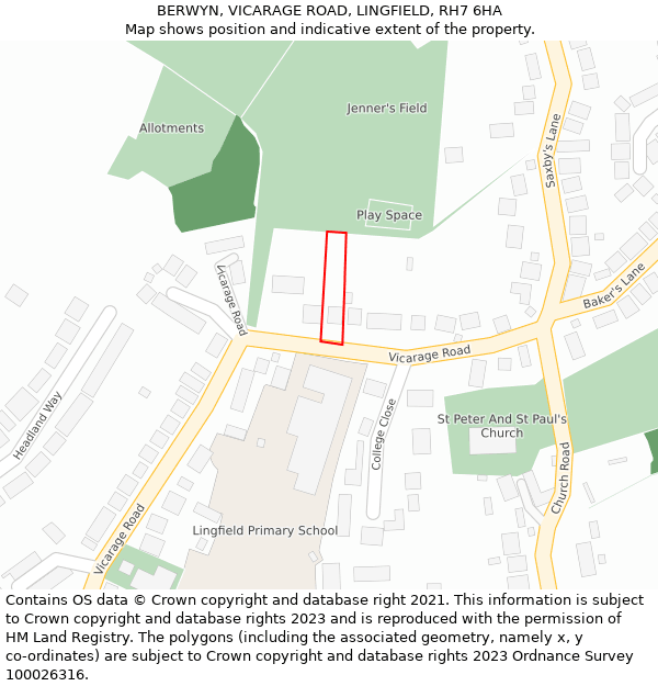 BERWYN, VICARAGE ROAD, LINGFIELD, RH7 6HA: Location map and indicative extent of plot