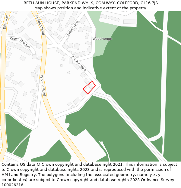 BETH AUN HOUSE, PARKEND WALK, COALWAY, COLEFORD, GL16 7JS: Location map and indicative extent of plot