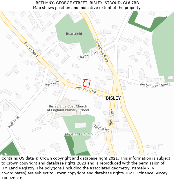 BETHANY, GEORGE STREET, BISLEY, STROUD, GL6 7BB: Location map and indicative extent of plot