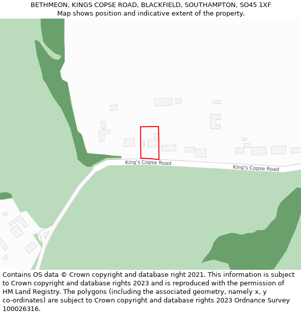 BETHMEON, KINGS COPSE ROAD, BLACKFIELD, SOUTHAMPTON, SO45 1XF: Location map and indicative extent of plot