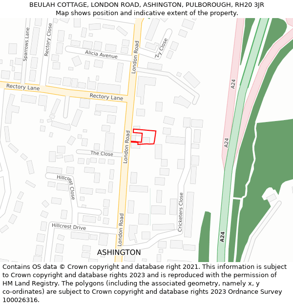 BEULAH COTTAGE, LONDON ROAD, ASHINGTON, PULBOROUGH, RH20 3JR: Location map and indicative extent of plot