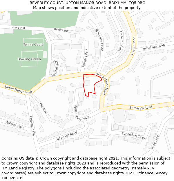 BEVERLEY COURT, UPTON MANOR ROAD, BRIXHAM, TQ5 9RG: Location map and indicative extent of plot