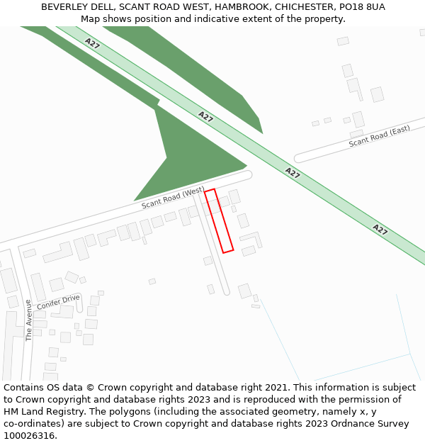 BEVERLEY DELL, SCANT ROAD WEST, HAMBROOK, CHICHESTER, PO18 8UA: Location map and indicative extent of plot