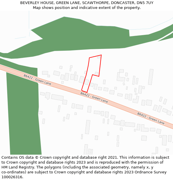 BEVERLEY HOUSE, GREEN LANE, SCAWTHORPE, DONCASTER, DN5 7UY: Location map and indicative extent of plot