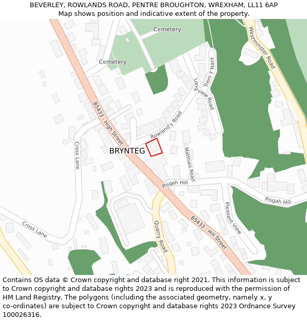 BEVERLEY, ROWLANDS ROAD, PENTRE BROUGHTON, WREXHAM, LL11 6AP: Location map and indicative extent of plot