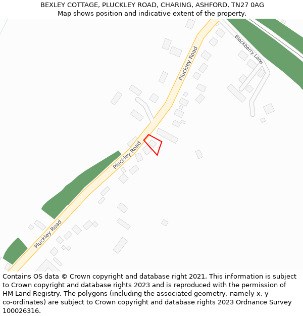 BEXLEY COTTAGE, PLUCKLEY ROAD, CHARING, ASHFORD, TN27 0AG: Location map and indicative extent of plot