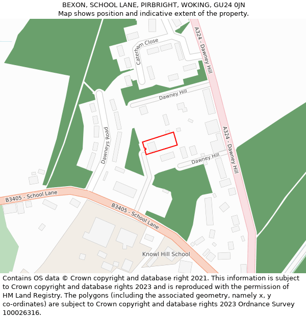 BEXON, SCHOOL LANE, PIRBRIGHT, WOKING, GU24 0JN: Location map and indicative extent of plot