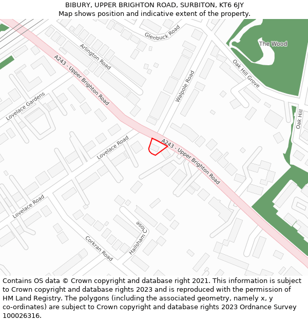 BIBURY, UPPER BRIGHTON ROAD, SURBITON, KT6 6JY: Location map and indicative extent of plot