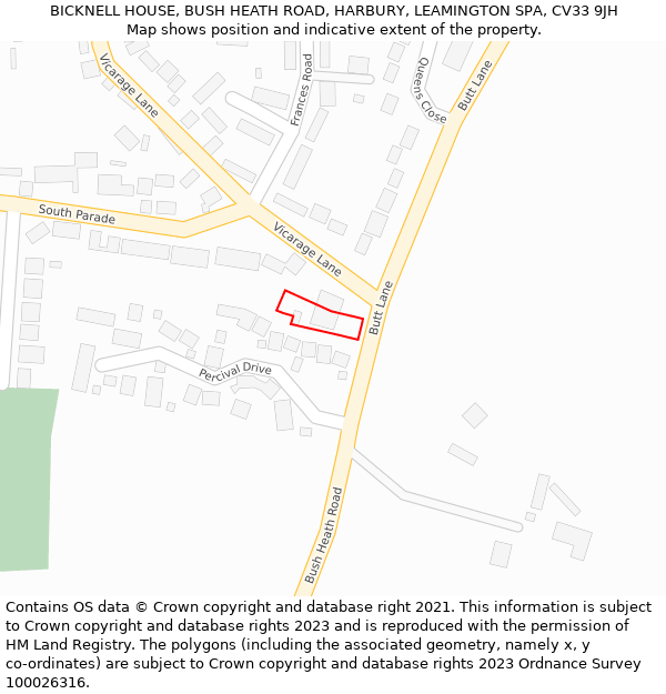 BICKNELL HOUSE, BUSH HEATH ROAD, HARBURY, LEAMINGTON SPA, CV33 9JH: Location map and indicative extent of plot