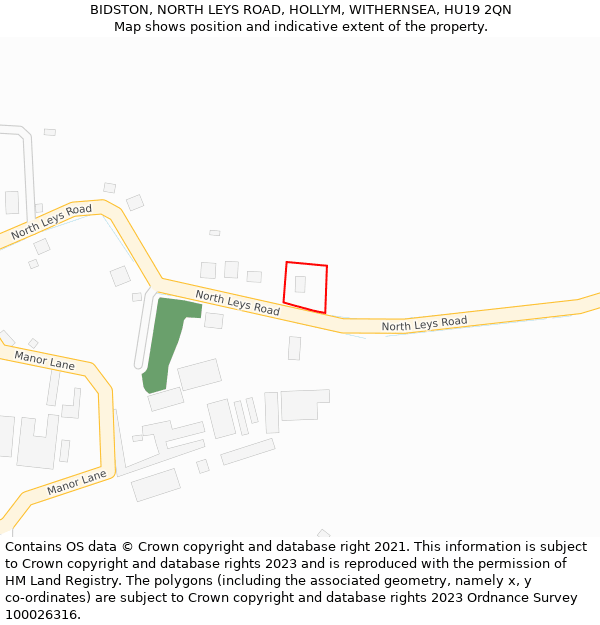 BIDSTON, NORTH LEYS ROAD, HOLLYM, WITHERNSEA, HU19 2QN: Location map and indicative extent of plot