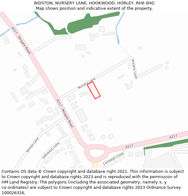 BIDSTON, NURSERY LANE, HOOKWOOD, HORLEY, RH6 0HG: Location map and indicative extent of plot