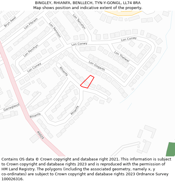 BINGLEY, RHIANFA, BENLLECH, TYN-Y-GONGL, LL74 8RA: Location map and indicative extent of plot