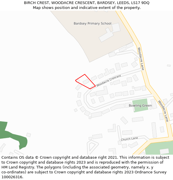 BIRCH CREST, WOODACRE CRESCENT, BARDSEY, LEEDS, LS17 9DQ: Location map and indicative extent of plot