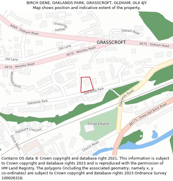 BIRCH DENE, OAKLANDS PARK, GRASSCROFT, OLDHAM, OL4 4JY: Location map and indicative extent of plot