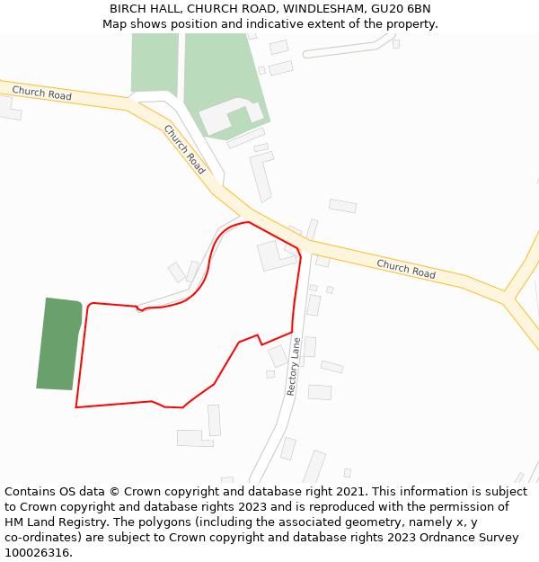 BIRCH HALL, CHURCH ROAD, WINDLESHAM, GU20 6BN: Location map and indicative extent of plot