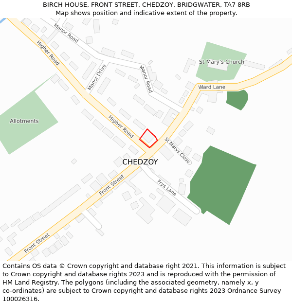 BIRCH HOUSE, FRONT STREET, CHEDZOY, BRIDGWATER, TA7 8RB: Location map and indicative extent of plot