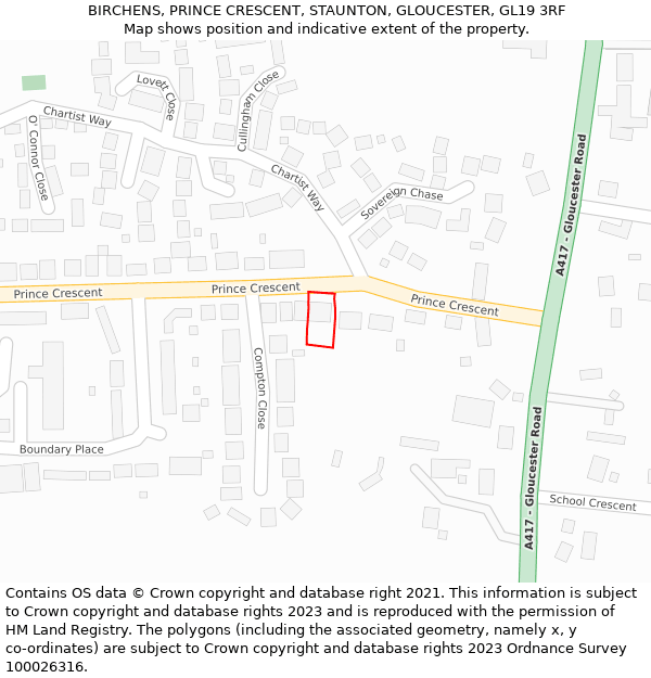 BIRCHENS, PRINCE CRESCENT, STAUNTON, GLOUCESTER, GL19 3RF: Location map and indicative extent of plot