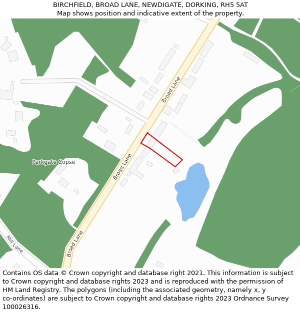 BIRCHFIELD, BROAD LANE, NEWDIGATE, DORKING, RH5 5AT: Location map and indicative extent of plot