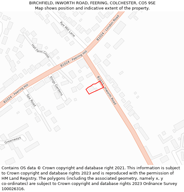 BIRCHFIELD, INWORTH ROAD, FEERING, COLCHESTER, CO5 9SE: Location map and indicative extent of plot