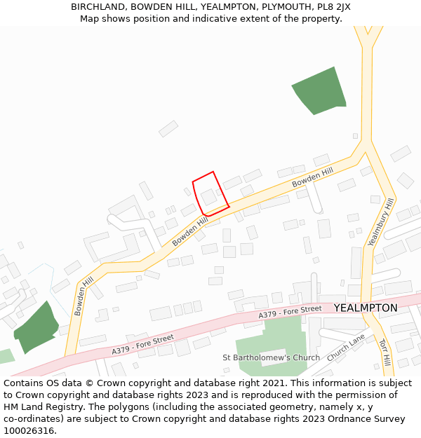 BIRCHLAND, BOWDEN HILL, YEALMPTON, PLYMOUTH, PL8 2JX: Location map and indicative extent of plot