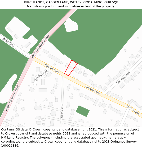 BIRCHLANDS, GASDEN LANE, WITLEY, GODALMING, GU8 5QB: Location map and indicative extent of plot