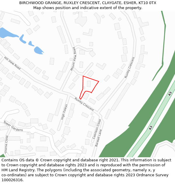 BIRCHWOOD GRANGE, RUXLEY CRESCENT, CLAYGATE, ESHER, KT10 0TX: Location map and indicative extent of plot