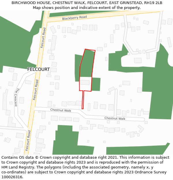 BIRCHWOOD HOUSE, CHESTNUT WALK, FELCOURT, EAST GRINSTEAD, RH19 2LB: Location map and indicative extent of plot