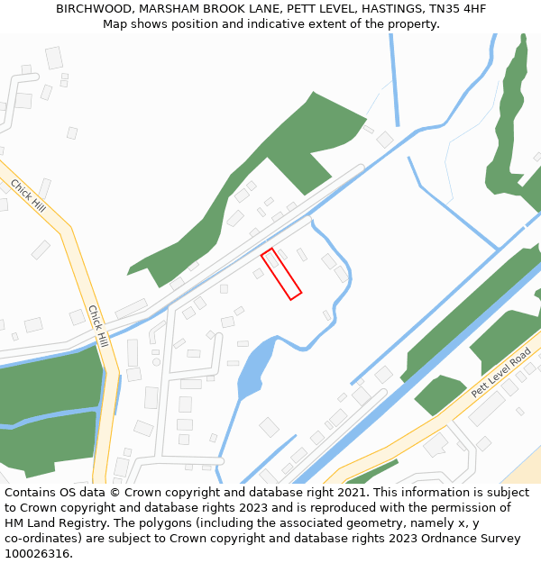 BIRCHWOOD, MARSHAM BROOK LANE, PETT LEVEL, HASTINGS, TN35 4HF: Location map and indicative extent of plot
