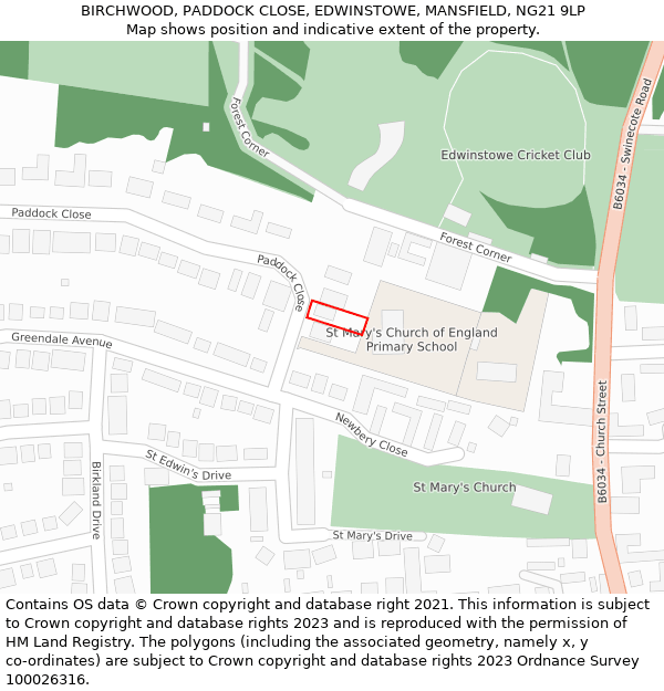 BIRCHWOOD, PADDOCK CLOSE, EDWINSTOWE, MANSFIELD, NG21 9LP: Location map and indicative extent of plot