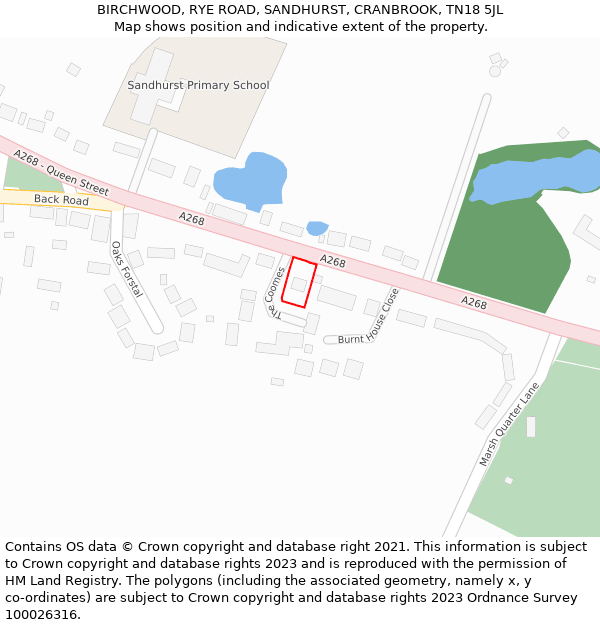 BIRCHWOOD, RYE ROAD, SANDHURST, CRANBROOK, TN18 5JL: Location map and indicative extent of plot