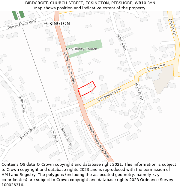 BIRDCROFT, CHURCH STREET, ECKINGTON, PERSHORE, WR10 3AN: Location map and indicative extent of plot