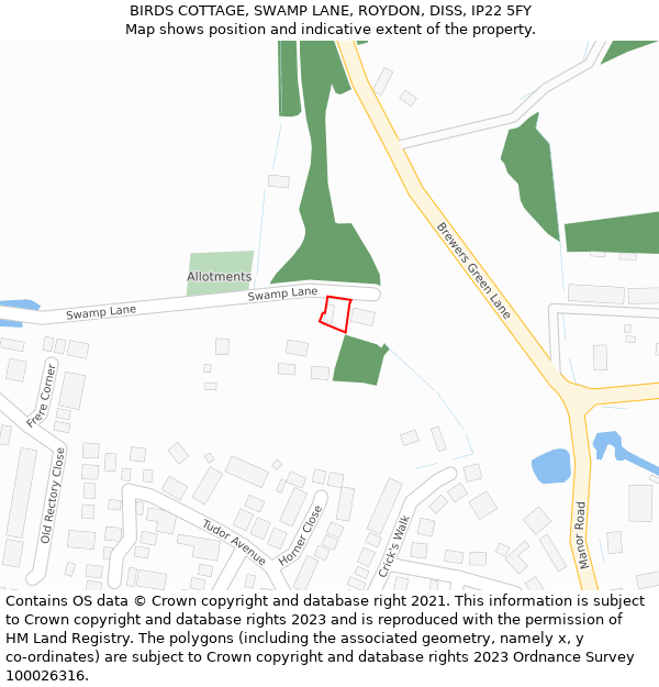 BIRDS COTTAGE, SWAMP LANE, ROYDON, DISS, IP22 5FY: Location map and indicative extent of plot