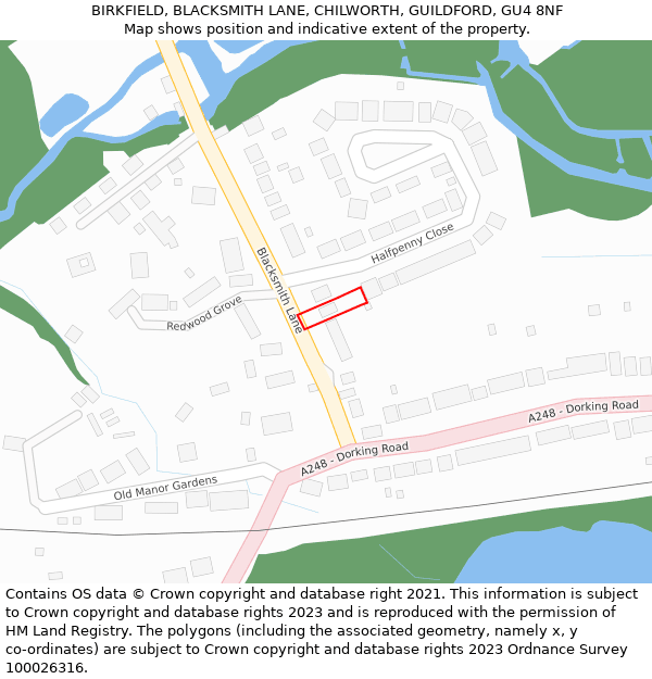 BIRKFIELD, BLACKSMITH LANE, CHILWORTH, GUILDFORD, GU4 8NF: Location map and indicative extent of plot