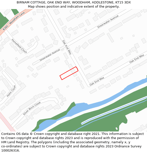 BIRNAM COTTAGE, OAK END WAY, WOODHAM, ADDLESTONE, KT15 3DX: Location map and indicative extent of plot