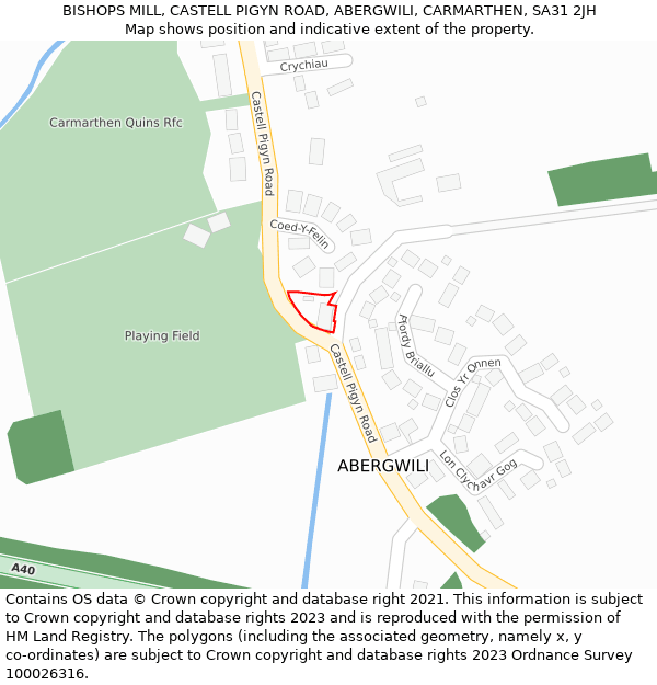 BISHOPS MILL, CASTELL PIGYN ROAD, ABERGWILI, CARMARTHEN, SA31 2JH: Location map and indicative extent of plot