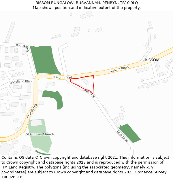 BISSOM BUNGALOW, BUSVANNAH, PENRYN, TR10 9LQ: Location map and indicative extent of plot